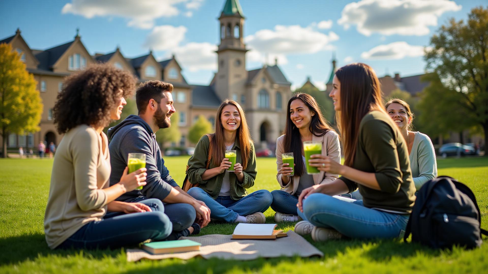 University students enjoying wolffia smoothies as part of their active campus lifestyle