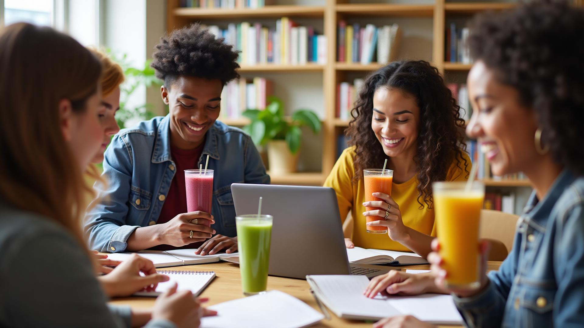 Study group enjoying exotic wolffia smoothies during finals week break